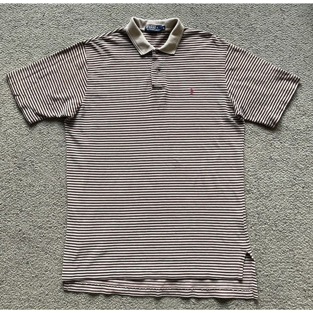 Vintage Polo Ralph Lauren Micro Stripe Shirt Mens Large L Brown Beige Red Pony